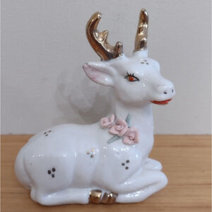 Vintage Porcelain Deer Reindeer Figurine Gold Antlers Pink Flowers Lying Down